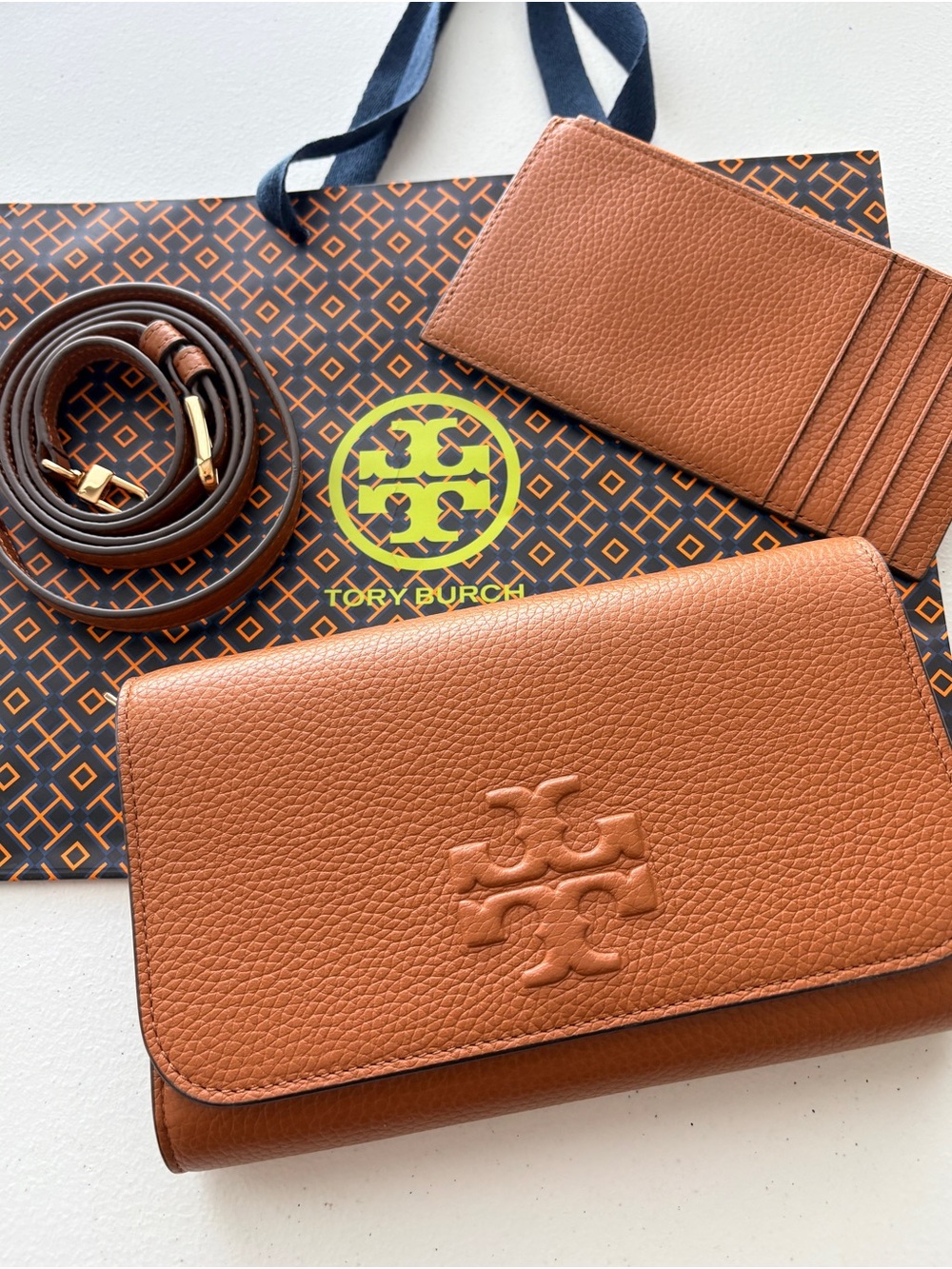 Tory Burch Cognac Brown Pebbled Leather Crossbody Wallet & Card Holder Set NWOT - Picture 2 of 10